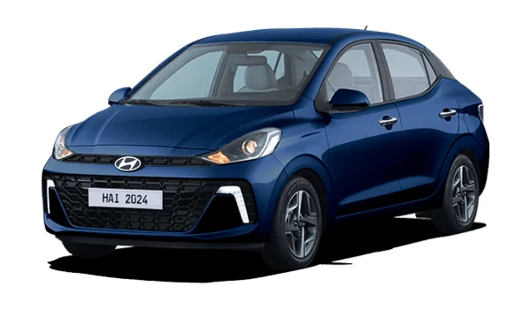 Hyundai Grand i10 Sedán color azul: auto compacto urbano con diseño juvenil, faros halógenos, parrilla en negro brillante y carrocería aerodinámica de cuatro puertas.