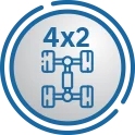 Ícono azul de tracción 4x2 que muestra el esquema del sistema de ejes con tracción en dos ruedas, representando configuración de tracción delantera o trasera en vehículos.